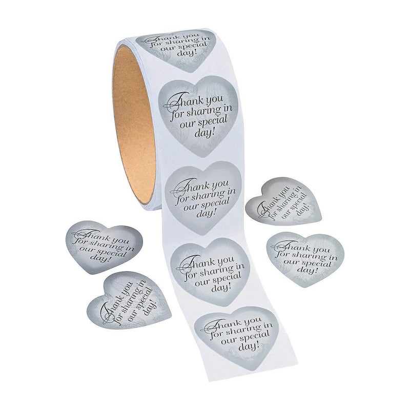 Fun Express Silver Heart Thank You for Sharing Our Special Day Wedding Stickers - 1 Roll of 100 Thank You and Favor Stickers - Image 1