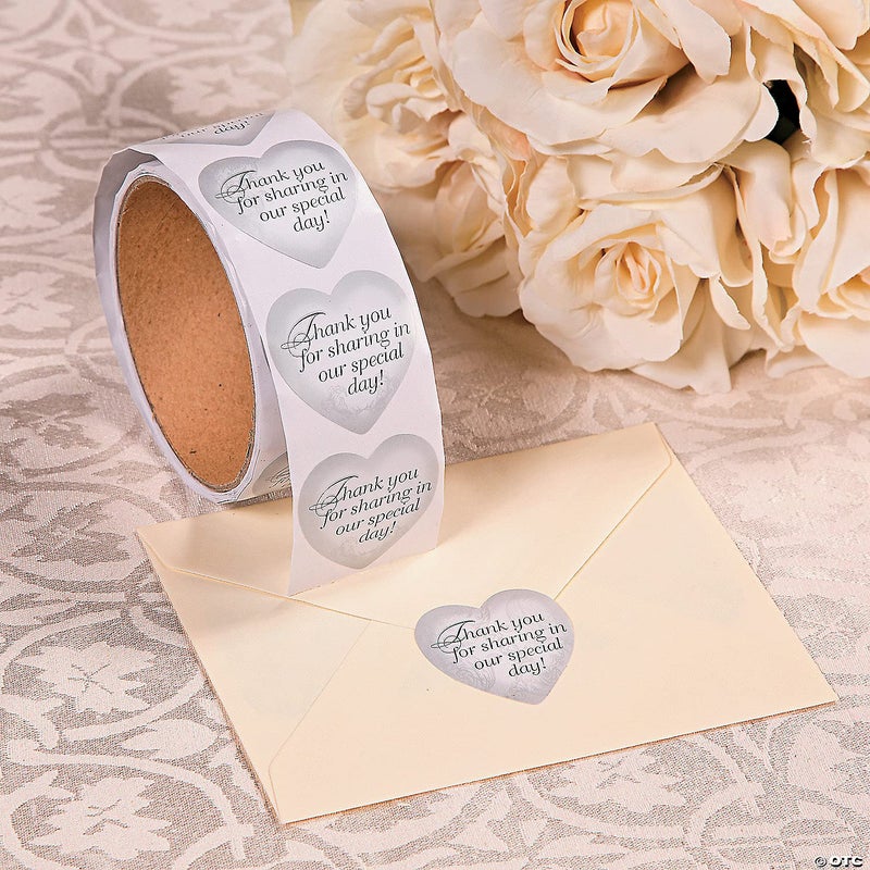 Fun Express Silver Heart Thank You for Sharing Our Special Day Wedding Stickers - 1 Roll of 100 Thank You and Favor Stickers - Image 2