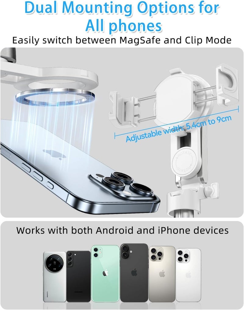 FKU 2025 Stainless Steel P15 MINI Magnetic Retractable Selfie Stick Tripod with Detachable Remote Size,3-in-1 Mini Phone Grip 2 Cold Shoe,10M/393.7'' Wireless Shutter (P15 Megnetic Selfie Stick White) - Image 3
