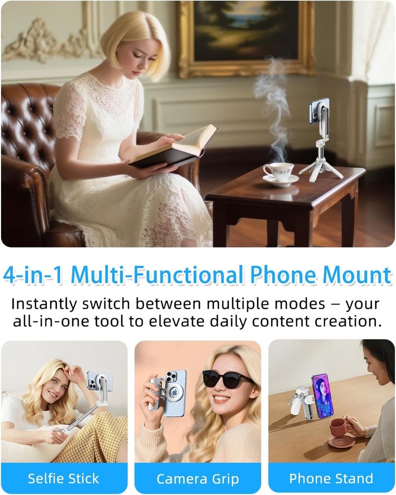 FKU 2025 Stainless Steel P15 MINI Magnetic Retractable Selfie Stick Tripod with Detachable Remote Size,3-in-1 Mini Phone Grip 2 Cold Shoe,10M/393.7'' Wireless Shutter (P15 Megnetic Selfie Stick White) - Image 2