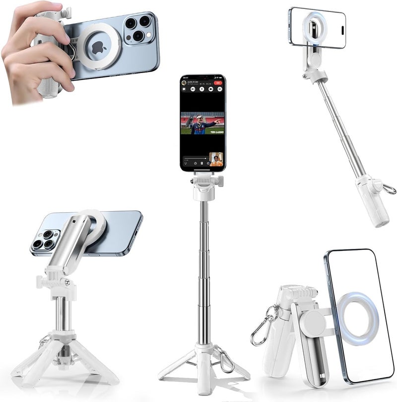 FKU 2025 Stainless Steel P15 MINI Magnetic Retractable Selfie Stick Tripod with Detachable Remote Size,3-in-1 Mini Phone Grip 2 Cold Shoe,10M/393.7'' Wireless Shutter (P15 Megnetic Selfie Stick White) - Image 1