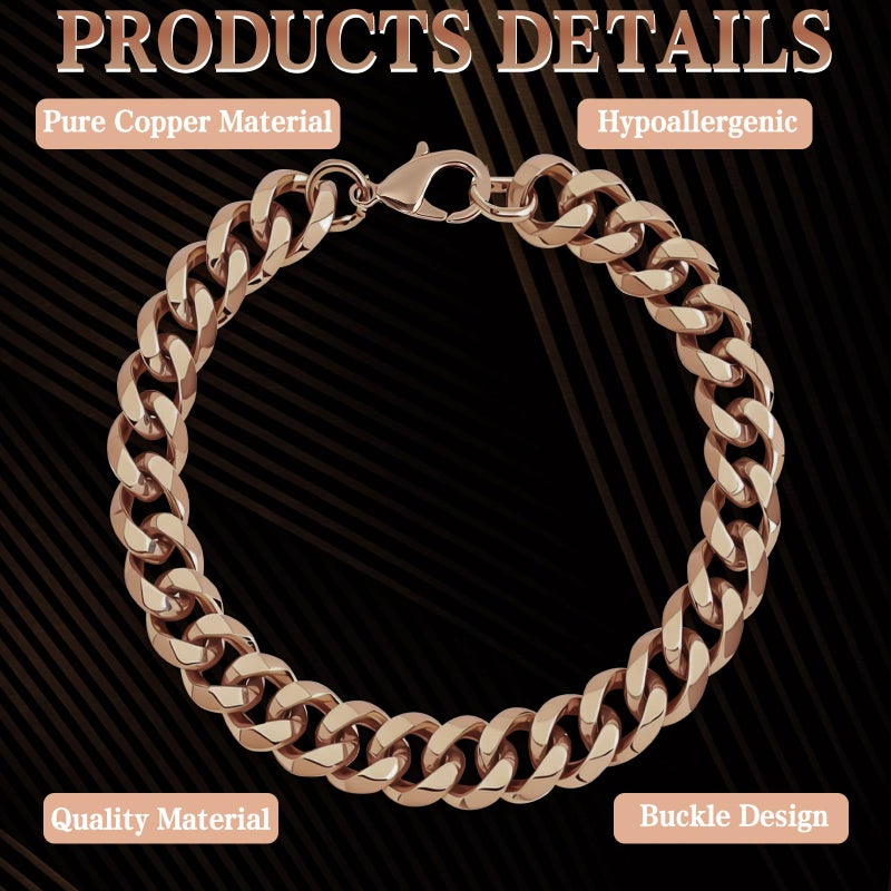 CYUXING Pure Copper Bracelet for Men, Jewelry Gift Solid Copper Link Comfortable Wear Fashionable 8.5in Chain Valentine's Day Men Women Buckle Design Accessories Rose Gold - Image 3