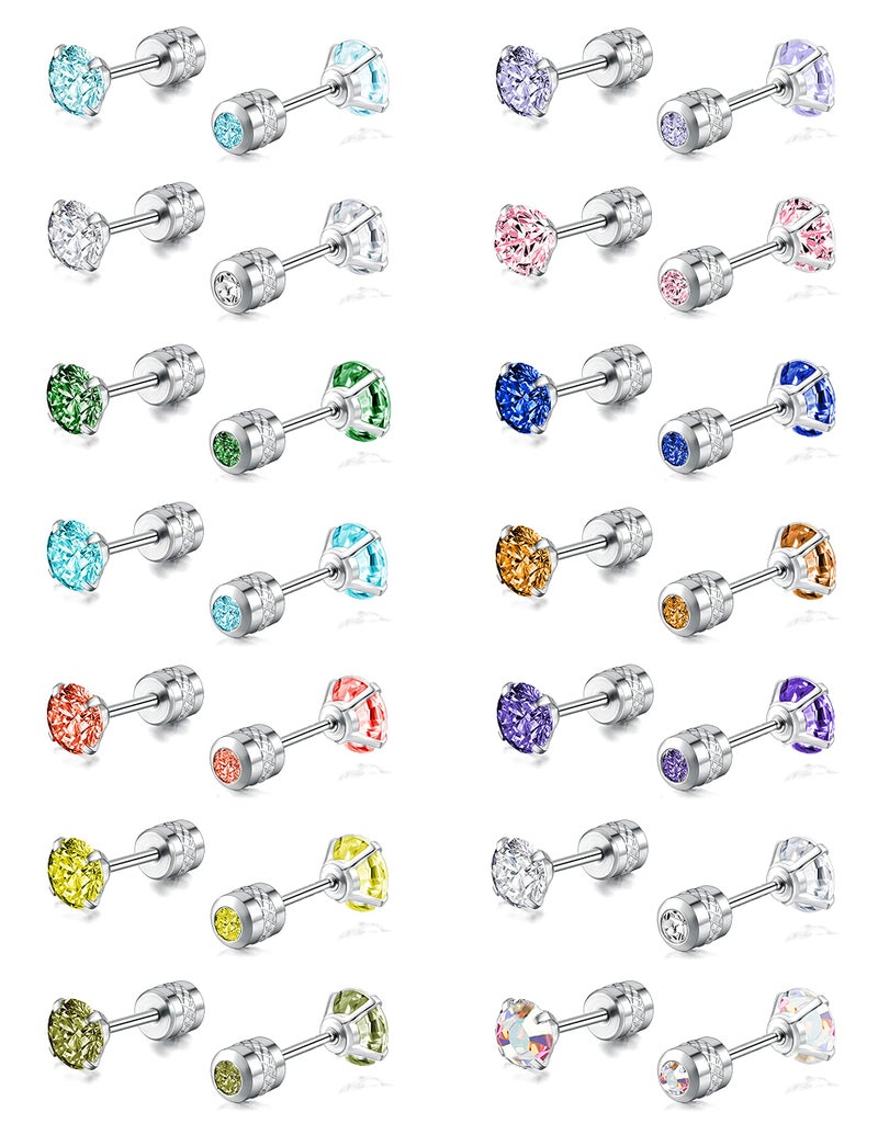 Tornito 14 Pairs Stud Earrings Double Round Cubic Zirconia Multicolor Stainless Steel CZ Cartilage Helix Earrings Screw Back for Women Men 20G - Image 1