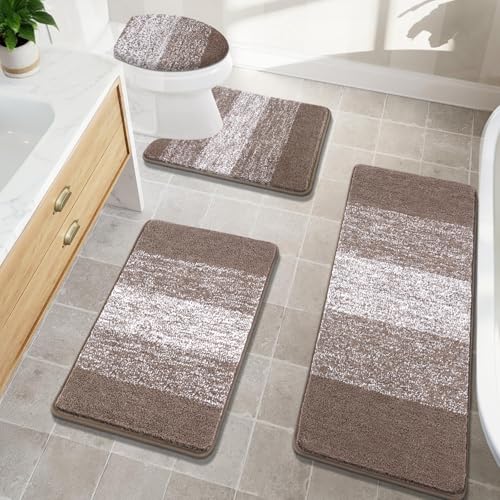 Bsmathom Bathroom Rugs Sets 4 Piece with Toilet Lid Cover, Non-Slip Bathroom Rugs and Mats Sets, Absorbent Bath Rugs Microfiber Shaggy Machine Washable Bath Rug Set, Coffee - Image 1