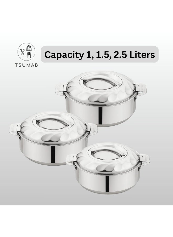 تسوماب طقم أواني طهي ساخنة معزولة من الفولاذ المقاوم للصدأ من TSUMAB - 3 قطع (سعة لتر واحد، لتر ونصف، لترين ونصف) | جدار مزدوج معزول من البولي يوريثان | يحافظ على الطعام ساخنًا وطازجًا | تصميم متين وأنيق - Image 2