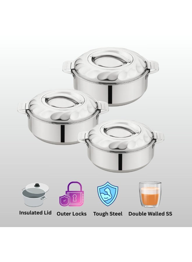 تسوماب طقم أواني طهي ساخنة معزولة من الفولاذ المقاوم للصدأ من TSUMAB - 3 قطع (سعة لتر واحد، لتر ونصف، لترين ونصف) | جدار مزدوج معزول من البولي يوريثان | يحافظ على الطعام ساخنًا وطازجًا | تصميم متين وأنيق - Image 3