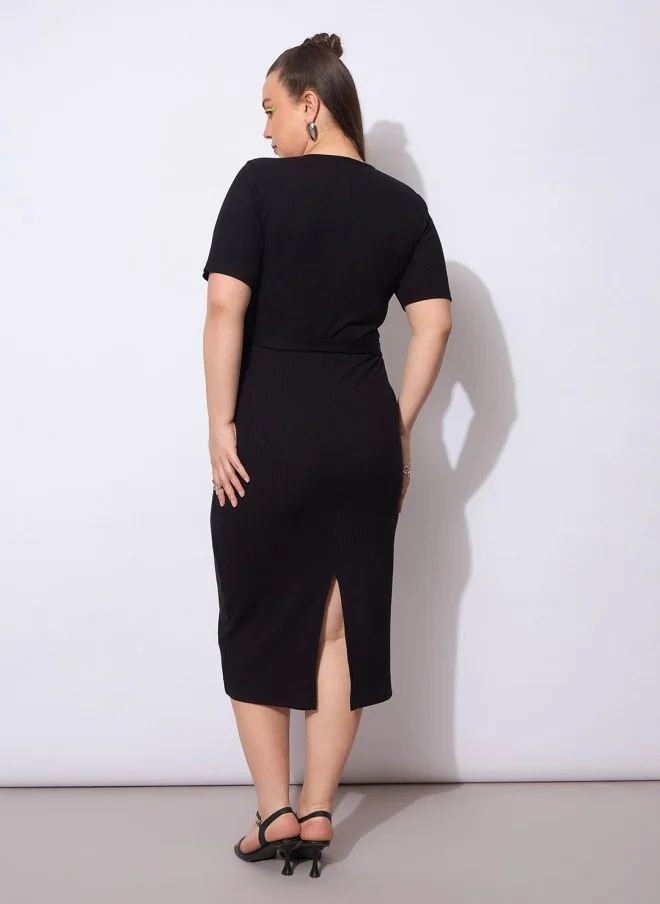 SASSAFRAS Curve Bodycon Midi Wrap Dress for Women