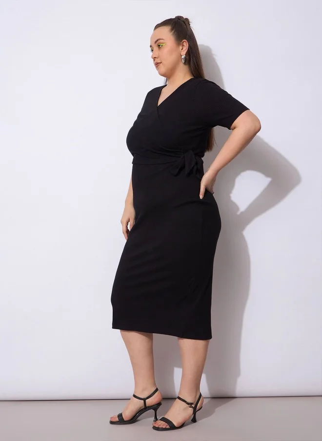 SASSAFRAS Curve Bodycon Midi Wrap Dress for Women