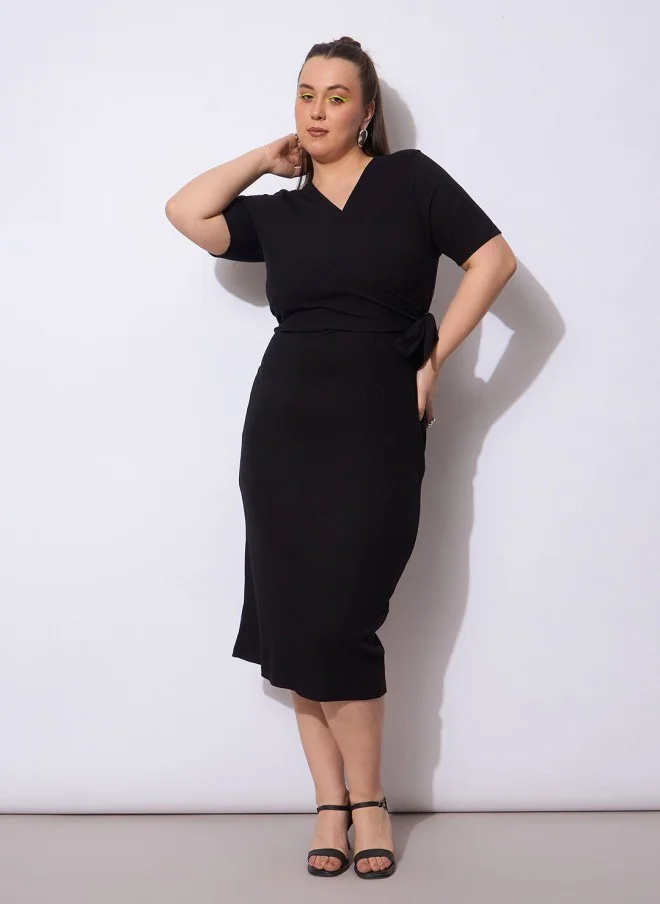 SASSAFRAS Curve Bodycon Midi Wrap Dress for Women