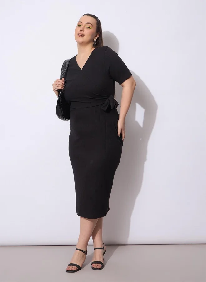 SASSAFRAS Curve Bodycon Midi Wrap Dress for Women