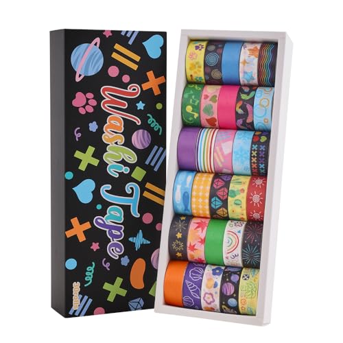 icceemee 30 Rolls Colorful Theme Washi Tape Set with Different Colorful Patterns Writable Decorative Tapes for Scrapbooking Junk Journal Supplies Bullet Journaling 06 x 79 per Roll - Image 1