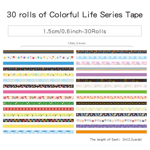 icceemee 30 Rolls Colorful Theme Washi Tape Set with Different Colorful Patterns Writable Decorative Tapes for Scrapbooking Junk Journal Supplies Bullet Journaling 06 x 79 per Roll - Image 3
