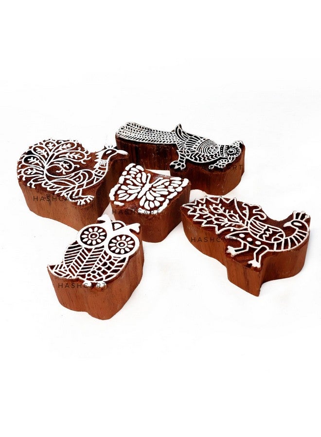 Hashcart | Set of 5 | Exquisite Birds Design Wooden Printing Stamps for Pottery Printing Blocks Handcarved Printing Beran for Art Work, Projects Designing, Clay, Pottery, Tote Bags, Kids - Image 1