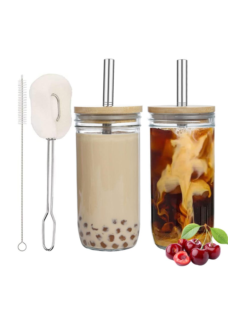 Sweet seven 2-Pack 24 oz Reusable Boba Cups with Wood Lids and Straws - Wide Mouth Jar Smoothie Cups for Bubble Tea and Iced Coffee - Image 1