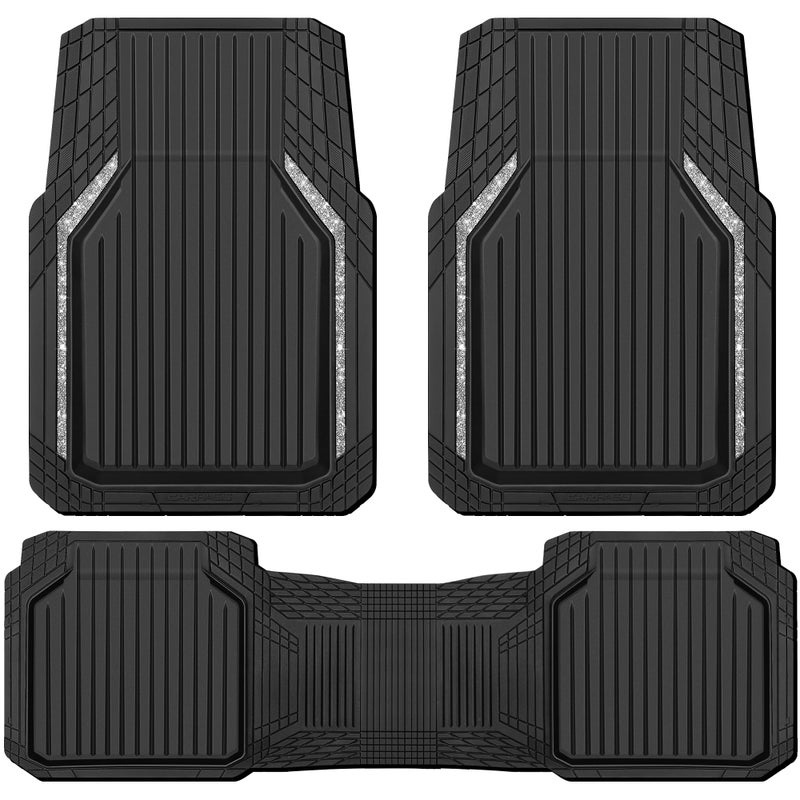 CAR PASS Glitter Heavy Duty Rubber Floor Mats for Car, Waterproof Liner Deep Dish Bling Car Mats Full Sets, Universal Trim to Fit for SUV Truck Sedans Vans, All Weather Floor Mats, Silver Sparkly - Image 1