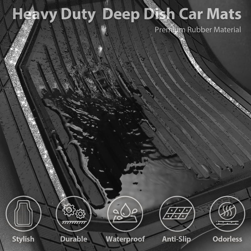 CAR PASS Glitter Heavy Duty Rubber Floor Mats for Car, Waterproof Liner Deep Dish Bling Car Mats Full Sets, Universal Trim to Fit for SUV Truck Sedans Vans, All Weather Floor Mats, Silver Sparkly - Image 5
