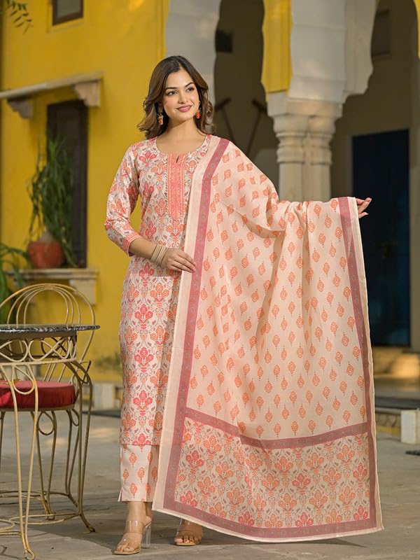 Vaamsi Women's Cream Rayon Blend Floral Straight Printed Kurta Pant With Dupatta Set | Casual Straight Kurta Set For Women | Printed Salwar Suit For Women (VKSKD2322, M) - Image 2