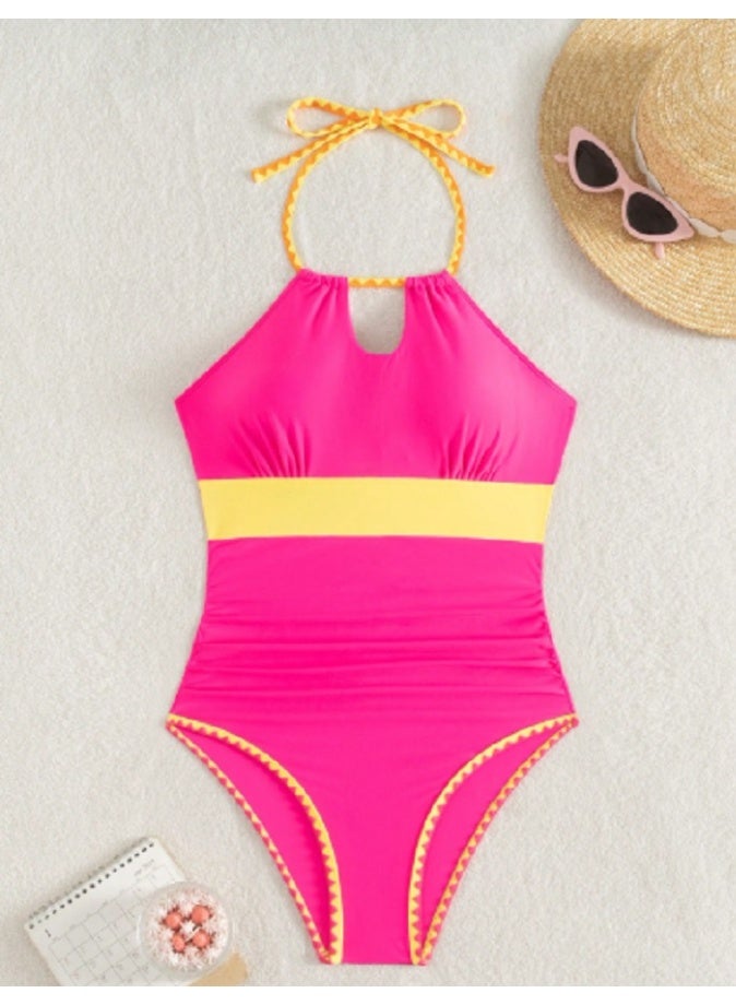 Shein Swim Beach Summer Outfits For Women, Multicolor Tie Shoulder Fringe Trim One Piece Bikini  - Image 4