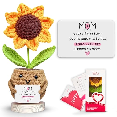 Gossby Gift for Mom from Daughter Son Kids Mothers Day Basket Stuffers Thank You MOM Sunflower Crochet Christmas Birthday Gift Idea for Mama Knitted Crochet Doll with Sentimental Message - Image 1