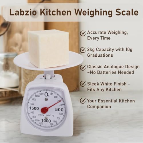 LABZIO Accurate Analog Weighing Scale for Kitchen, Laboratory, and Craft Use, 2Kg Capacity, 10g Graduation, Durable White Scale for Household, Lab, Crafting, Professional and Personal Use - Image 4