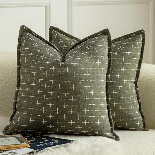 MANDIOO Pack of 2 Burlap Linen Throw Pillow Covers Woven Textured Modern Farmhouse Cushion Covers Pillowcase Decorative Couch Sofa Bed Living Room 20 x 20 Inch Olive Green - Image 1
