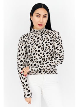 Women Mock Neck Long Sleeve Animal Print Sweater, Beige