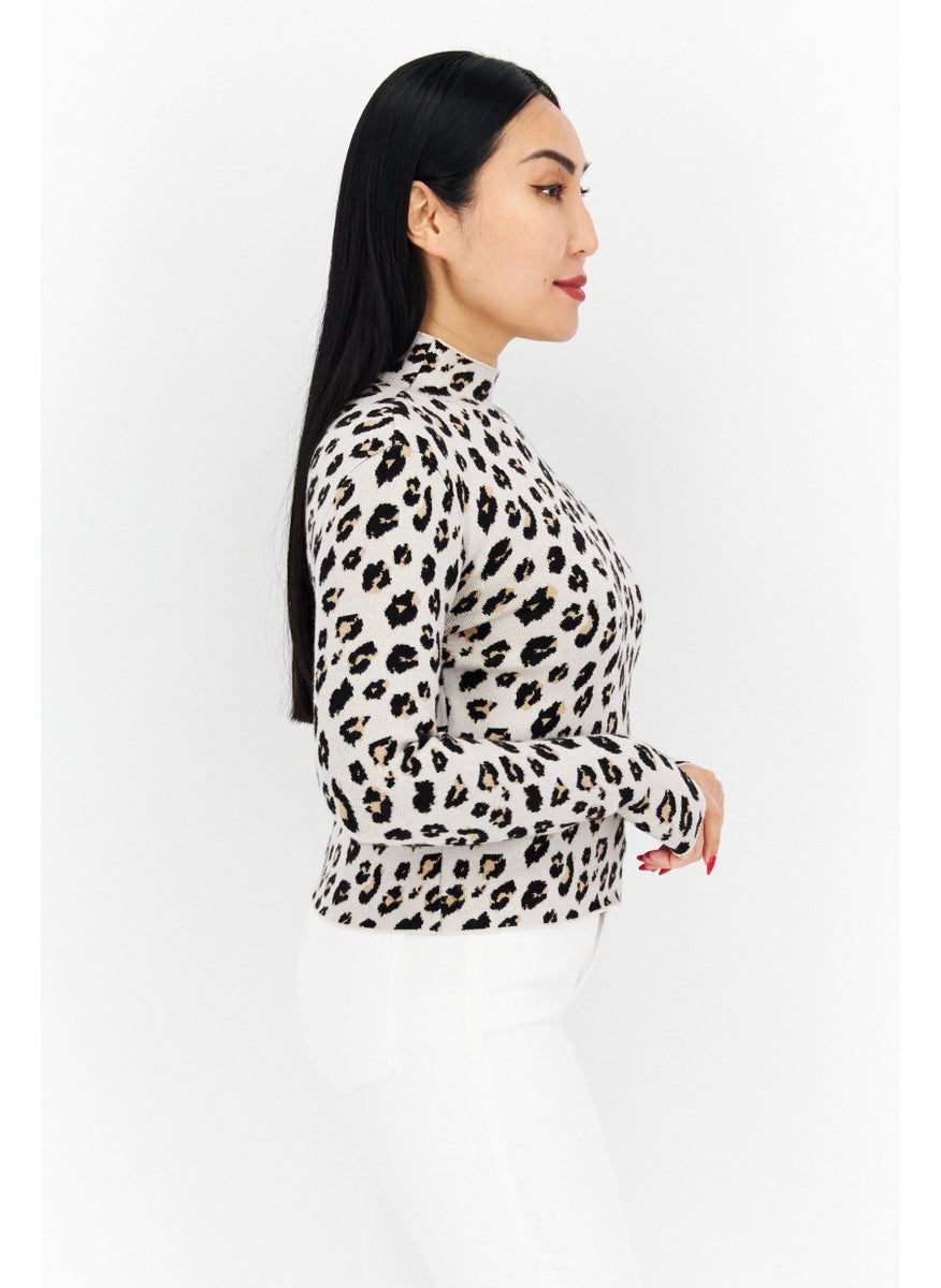 Stilosophy Industry - Women Mock Neck Long Sleeve Animal Print Sweater, Beige - Image 1