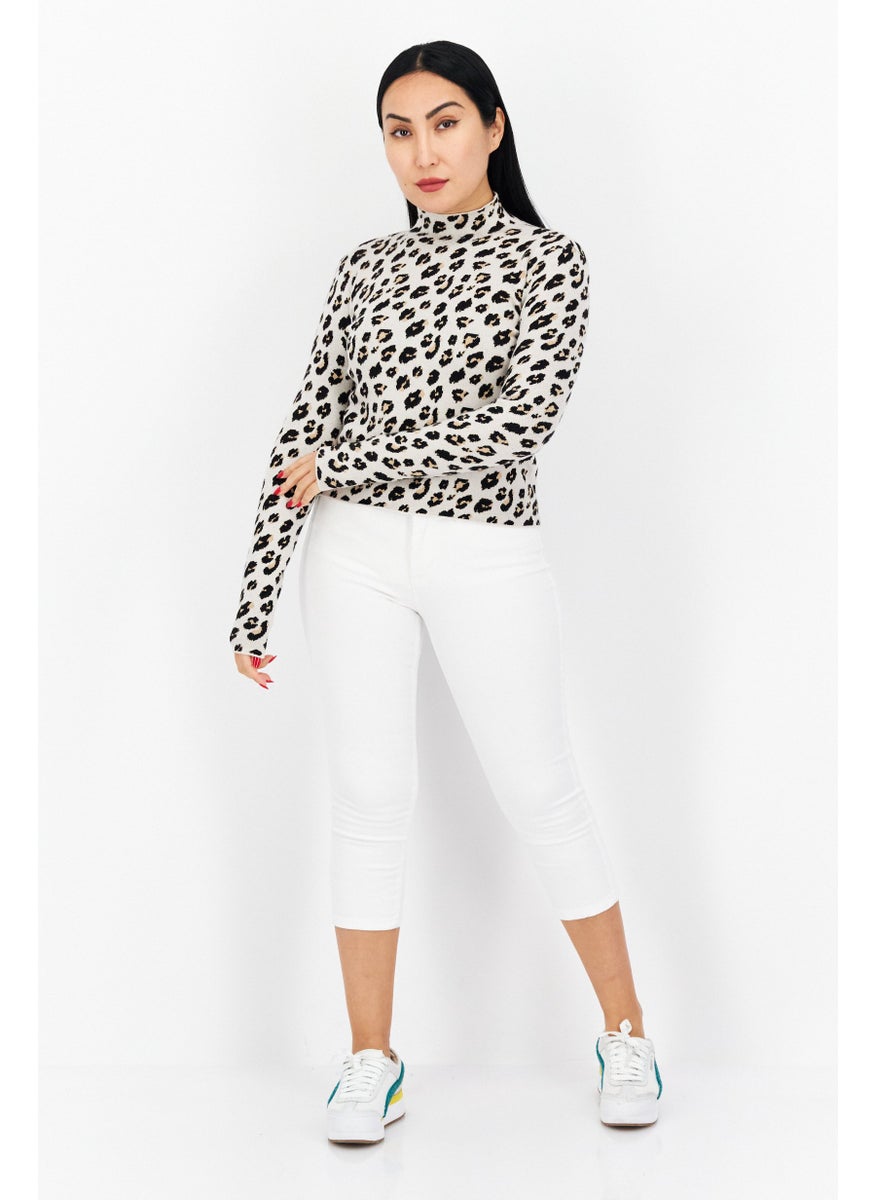 Stilosophy Industry - Women Mock Neck Long Sleeve Animal Print Sweater, Beige - Image 1