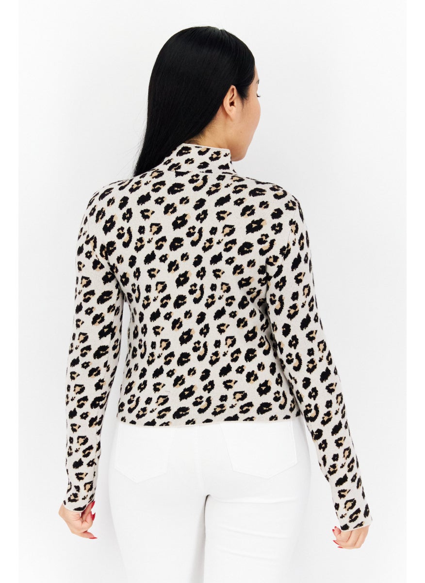 Stilosophy Industry - Women Mock Neck Long Sleeve Animal Print Sweater, Beige - Image 1