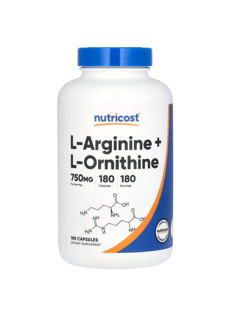 Nutricost L-Arginine + L-Ornithine, 750 mg, 180 Capsules