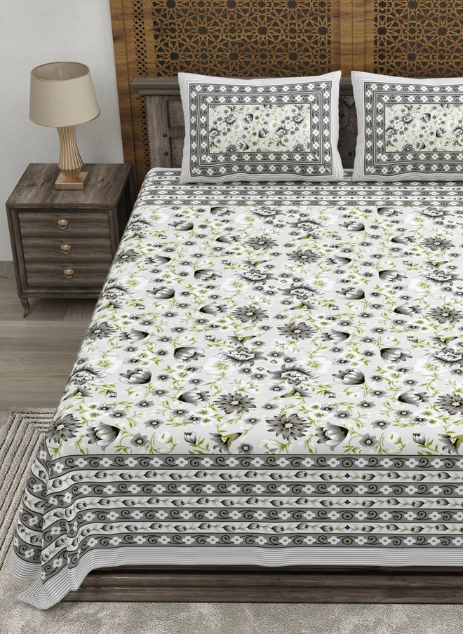 CLOTHOLOGY CLOTHOLOGY White & Green Floral 180 TC King Bedsheet with 2 Pillow Covers