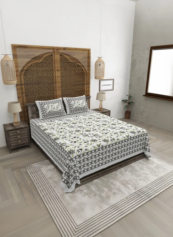 CLOTHOLOGY CLOTHOLOGY White & Green Floral 180 TC King Bedsheet with 2 Pillow Covers