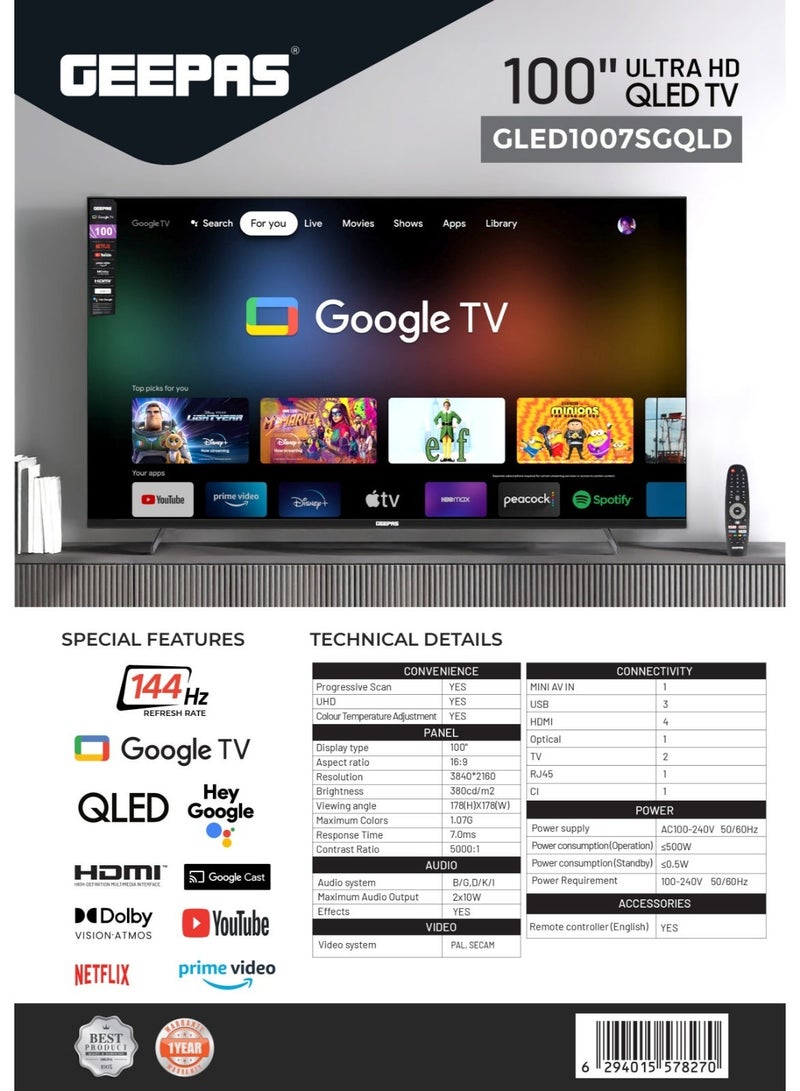 GEEPAS 100" Ultra HD QLED TV with Remote Control | HDMI and USB Ports, Google TV, Dolby | Pre-installed Apps | GLED1007SGQLD Black - Image 2