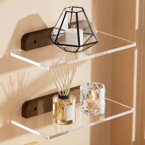 QsQueen Small Acrylic Floating Shelf for Wall, Clear Acrylic Wall Shelf with Solid Wood Base, Thick Minimalist Display Shelf for Bathroom, Bedroom,Plants, Perfume, Nail Polish,Living Room & Decor - Image 1