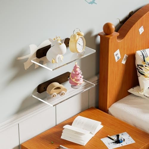 QsQueen Small Acrylic Floating Shelf for Wall, Clear Acrylic Wall Shelf with Solid Wood Base, Thick Minimalist Display Shelf for Bathroom, Bedroom,Plants, Perfume, Nail Polish,Living Room & Decor - Image 4