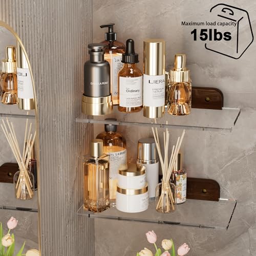 QsQueen Small Acrylic Floating Shelf for Wall, Clear Acrylic Wall Shelf with Solid Wood Base, Thick Minimalist Display Shelf for Bathroom, Bedroom,Plants, Perfume, Nail Polish,Living Room & Decor - Image 2