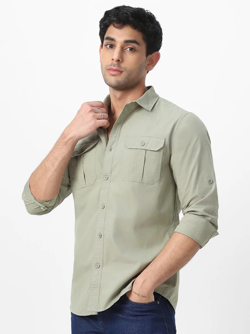 Urbano Fashion Men's Olive Cotton Full Sleeve Regular Fit Casual Solid Shirt
