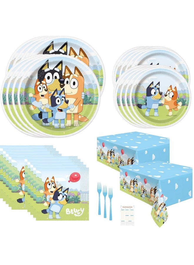 Unique Unique Bluey Birthday Party Supplies Bundle for 16 Guests - 16 Dinner and 16 Dessert Paper Plates, 16 Napkins, 2 Plastic Table Covers, 18 Forks, Party Planning Checklist, Officially Licensed  - Image 1