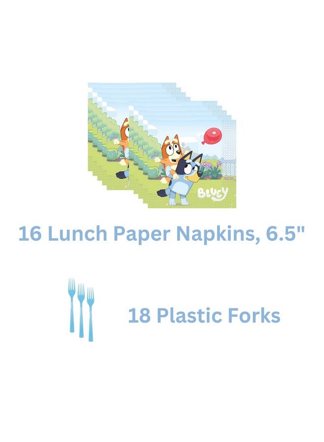 Unique Unique Bluey Birthday Party Supplies Bundle for 16 Guests - 16 Dinner and 16 Dessert Paper Plates, 16 Napkins, 2 Plastic Table Covers, 18 Forks, Party Planning Checklist, Officially Licensed  - Image 3