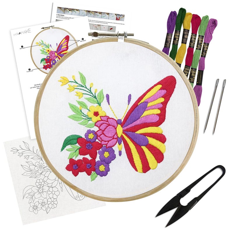 picknMAKE Cross Stitch Embroidery Kit For Beginners & Adult, Featuring A Butterfly With One Side Floral Wings, Printed Fabric, Instructions Papers, Threads & Needles All Materials Included,Multicolor - Image 1