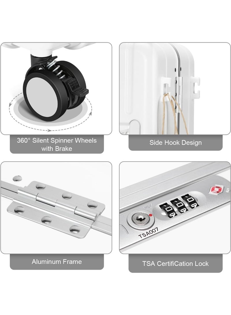 حقيبة يدوية بحجم 20 بوصة باللون الأبيض مزودة بحزام أمان وقفل TSA وحقيبة شبكية وحقيبة صلبة بعجلات دوارة لحمل الأمتعة باليدين - Image 4