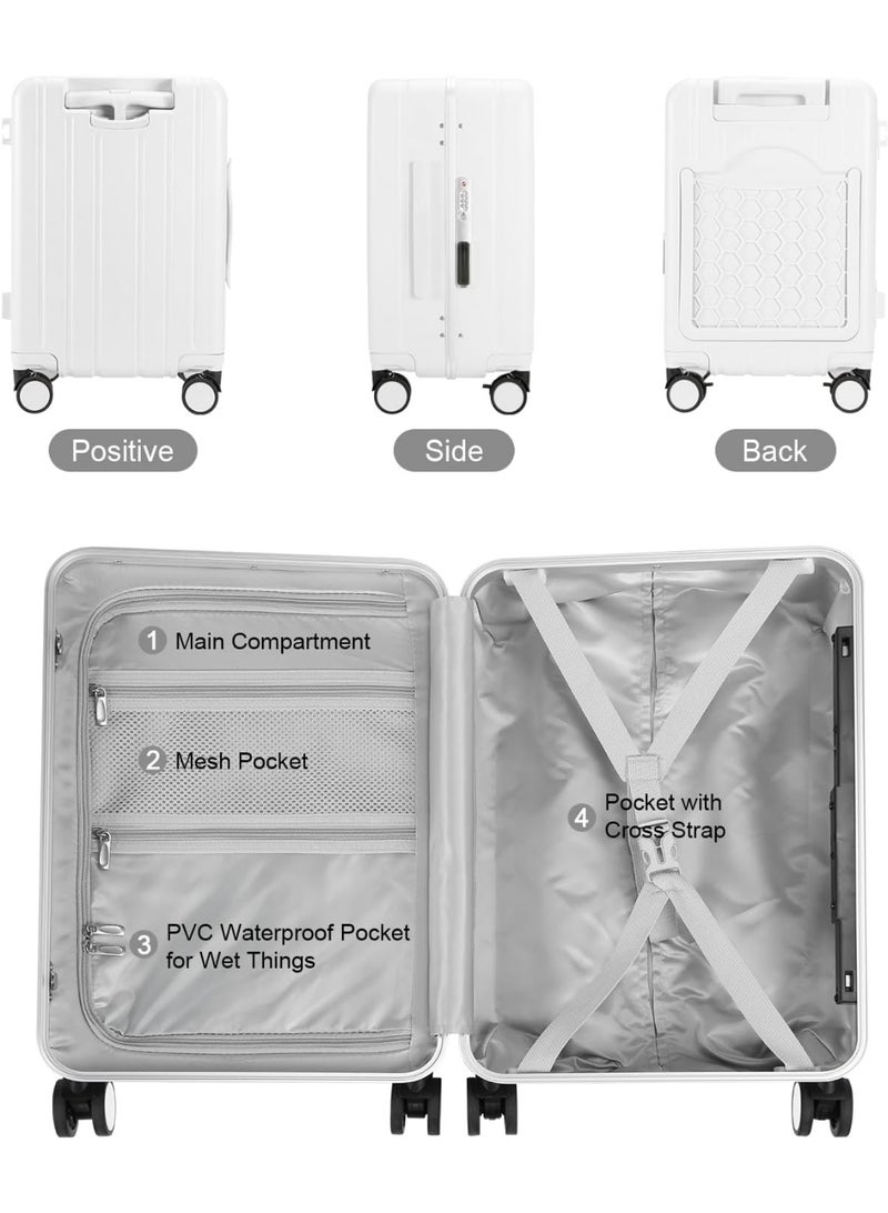 حقيبة يدوية بحجم 20 بوصة باللون الأبيض مزودة بحزام أمان وقفل TSA وحقيبة شبكية وحقيبة صلبة بعجلات دوارة لحمل الأمتعة باليدين - Image 3