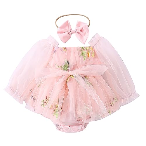 ODASDO Dresses for Baby Girls 1st First Birthday Party Dress Newborn Fairy Tulle Tutu Bubble Romper Flower Embroidery Long Sleeve Jumpsuit Bodysuit One Year Old Cake Smash Outfit Photo Shooting Pink 12-18M - Image 1