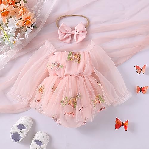 ODASDO Dresses for Baby Girls 1st First Birthday Party Dress Newborn Fairy Tulle Tutu Bubble Romper Flower Embroidery Long Sleeve Jumpsuit Bodysuit One Year Old Cake Smash Outfit Photo Shooting Pink 12-18M - Image 3