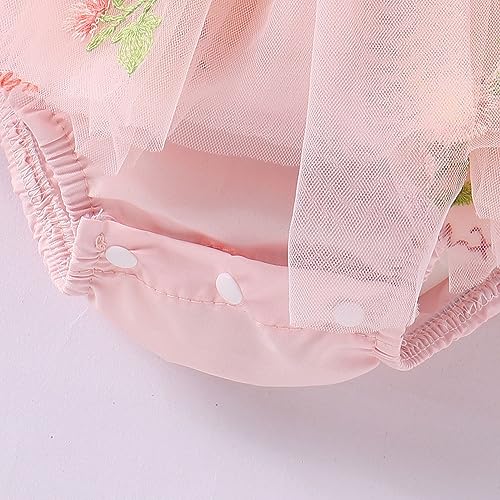 ODASDO Dresses for Baby Girls 1st First Birthday Party Dress Newborn Fairy Tulle Tutu Bubble Romper Flower Embroidery Long Sleeve Jumpsuit Bodysuit One Year Old Cake Smash Outfit Photo Shooting Pink 12-18M - Image 5