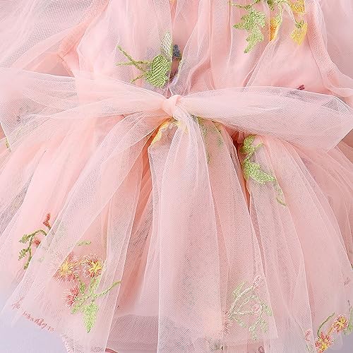 ODASDO Dresses for Baby Girls 1st First Birthday Party Dress Newborn Fairy Tulle Tutu Bubble Romper Flower Embroidery Long Sleeve Jumpsuit Bodysuit One Year Old Cake Smash Outfit Photo Shooting Pink 12-18M - Image 4