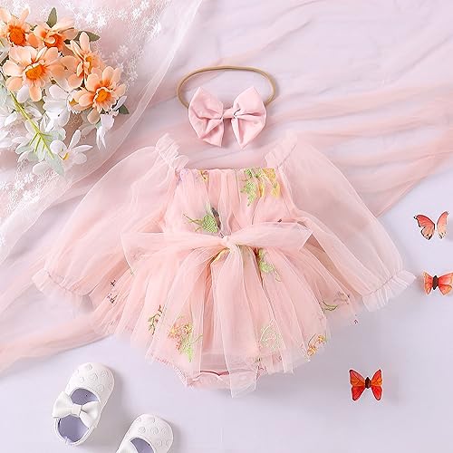 ODASDO Dresses for Baby Girls 1st First Birthday Party Dress Newborn Fairy Tulle Tutu Bubble Romper Flower Embroidery Long Sleeve Jumpsuit Bodysuit One Year Old Cake Smash Outfit Photo Shooting Pink 12-18M - Image 2