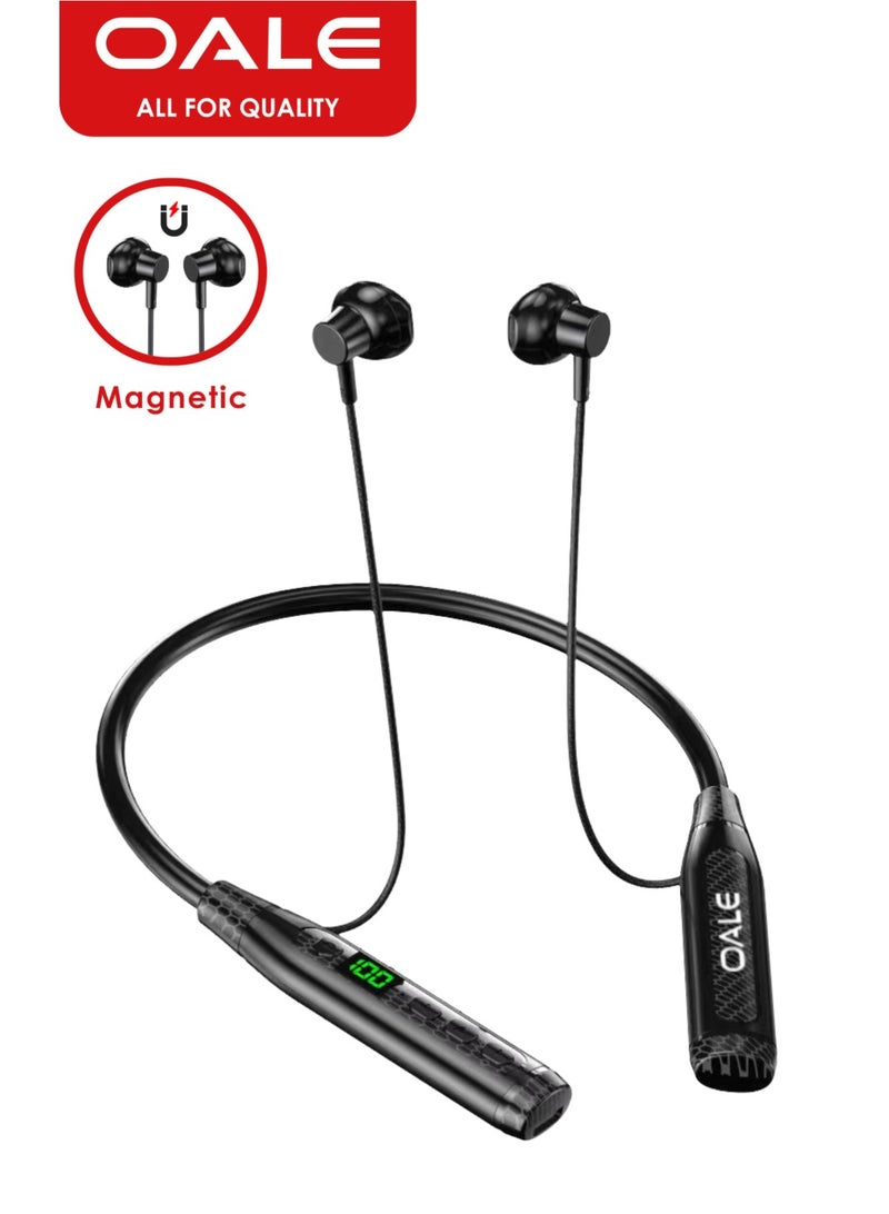 OALE iRock 07 Bluetooth Neckband Earphones, 20H Playtime, TF Card & FM Radio Support, Digital Display, Bluetooth 5.4, Skin-Friendly Design | Black - Image 2