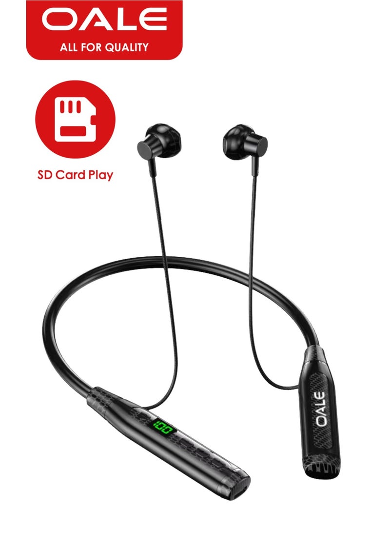OALE iRock 07 Bluetooth Neckband Earphones, 20H Playtime, TF Card & FM Radio Support, Digital Display, Bluetooth 5.4, Skin-Friendly Design | Black - Image 1
