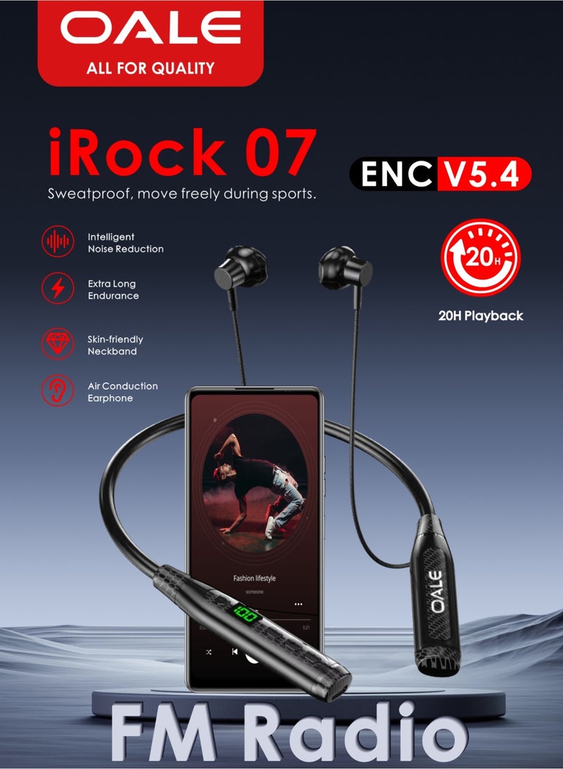 OALE iRock 07 Bluetooth Neckband Earphones, 20H Playtime, TF Card & FM Radio Support, Digital Display, Bluetooth 5.4, Skin-Friendly Design | Black - Image 3